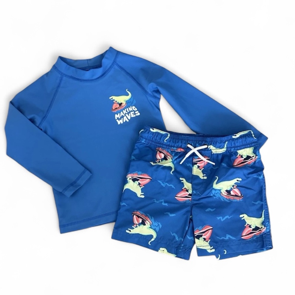 Carter’s Boys 2T Rash Guard Swim Trunks Set Dinosaur UPF 50